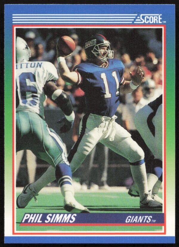 1990 Score Phil Simms #5 football card featuring iconic NY Giants quarterback in action.