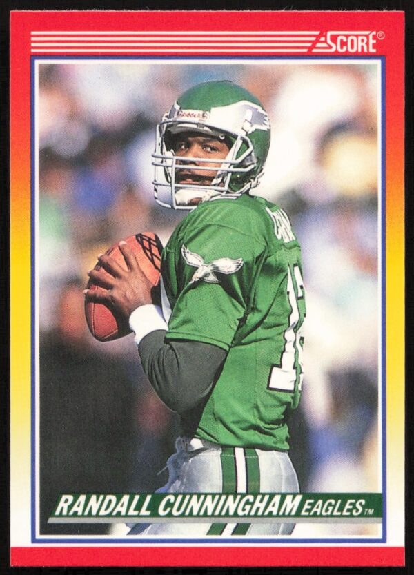 Randall Cunningham 1990 Score Card #605, Philadelphia Eagles quarterback in iconic green jersey.