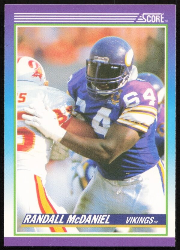 Randall McDaniel 1990 Score Football Card #164 in Vikings Uniform, Dynamic Offensive Lineman Stance.