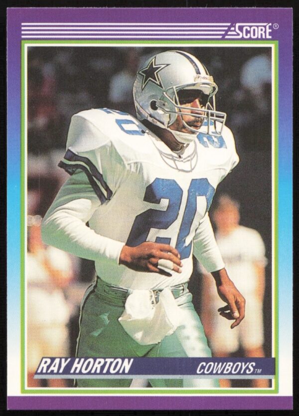 Ray Horton 1990 Score Football Card #484 showcasing classic 90s design and team portrait.