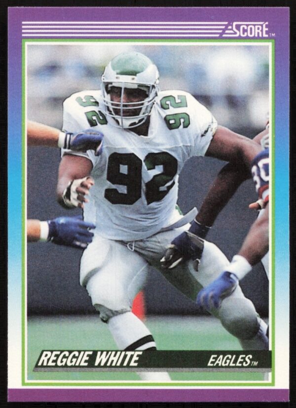 Reggie White 1990 Score #203 Football Card Front, Philadelphia Eagles, Defensive Action Shot.