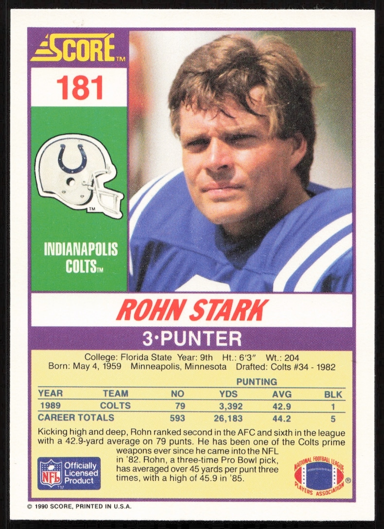 Rohn Stark 1990 Score football card back, stats and highlights, NFL punter profile.
