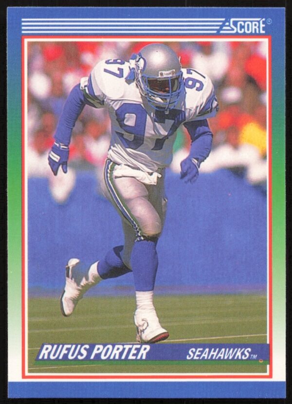 1990 Score football card featuring Rufus Porter, NFL linebacker, vibrant action shot, #332.