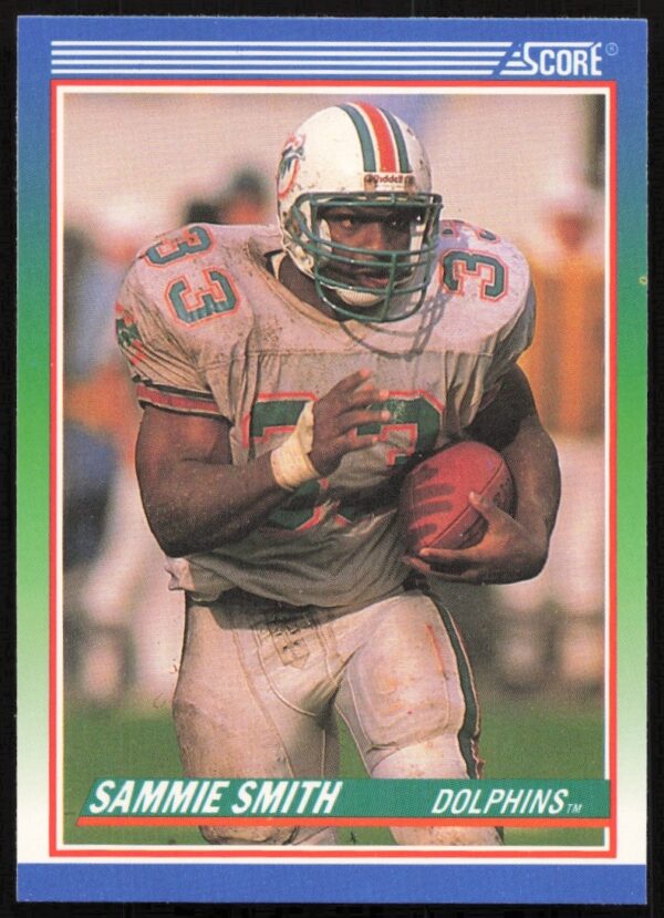 Front view of 1990 Score Sammie Smith football card #333 in action pose.