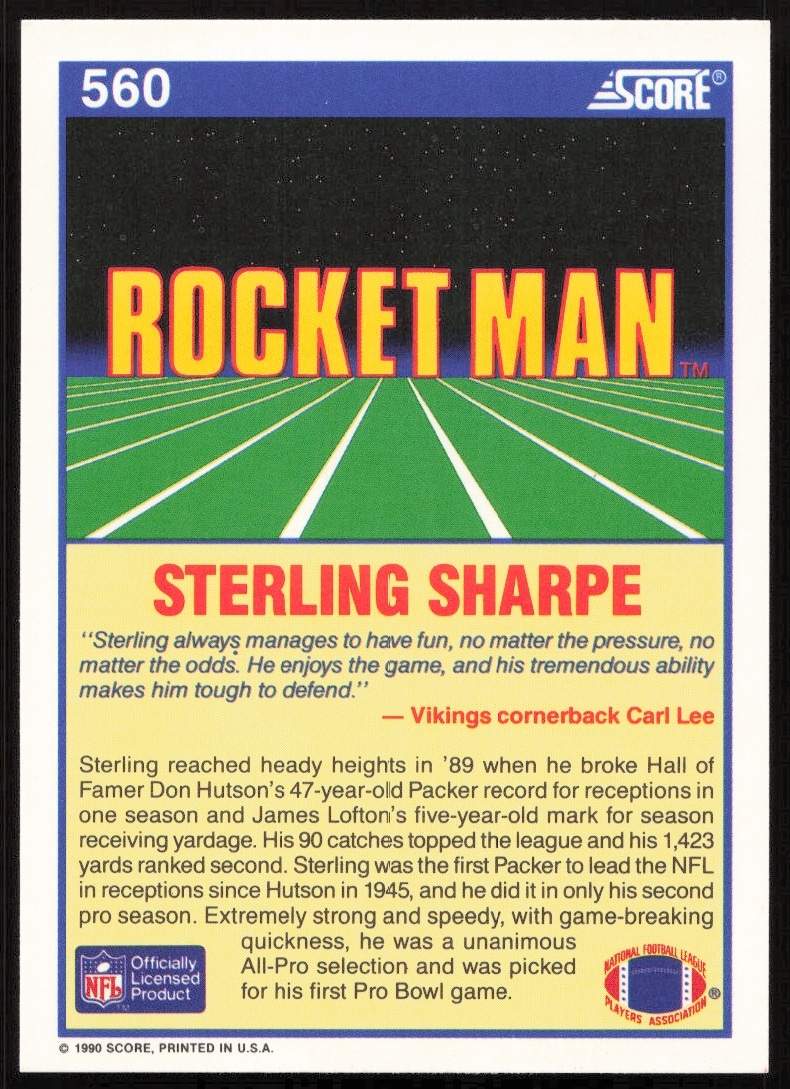 Back of Sterling Sharpe 1990 Score card #560, featuring career stats and biography.