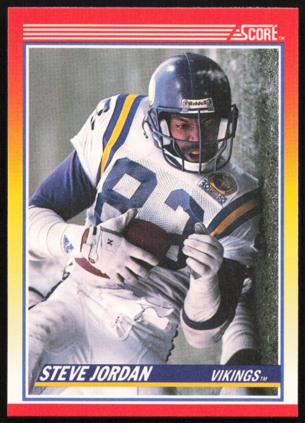 Steve Jordan 1990 Score Football Card #284, Minnesota Vikings, action shot.