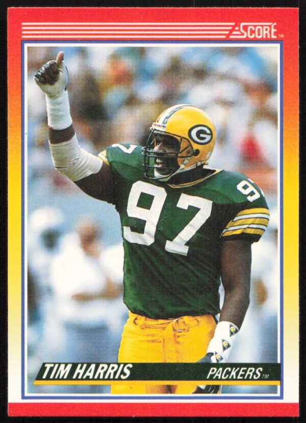 Tim Harris 1990 Score football card #265, iconic NFL defensive standout action shot.