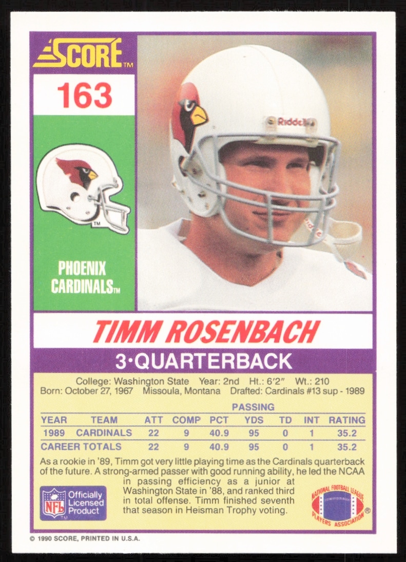 Back of 1990 Score Timm Rosenbach football card, showcasing stats and career highlights.