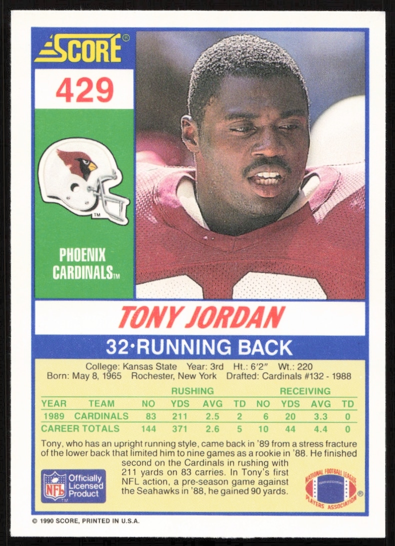Back of 1990 Score baseball card featuring Tony Jordan, showcasing career stats and personal achievements.