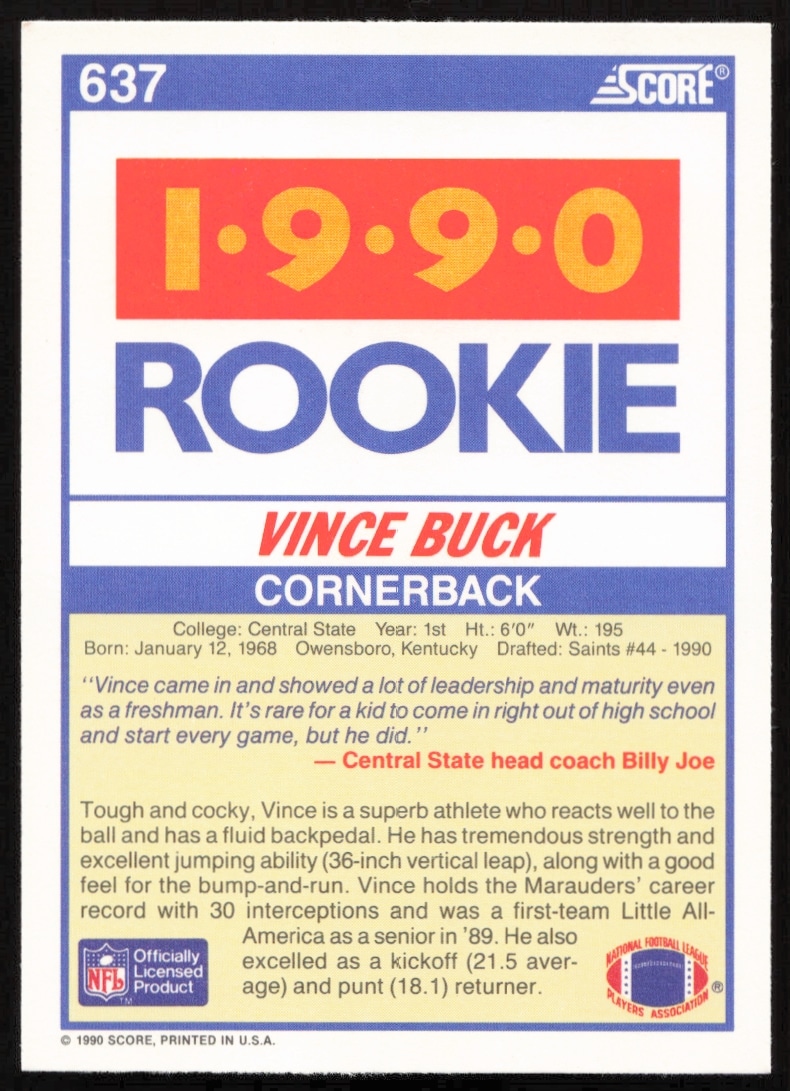 Back of 1990 Score card #637: Vince Buck, featuring stats and career highlights.