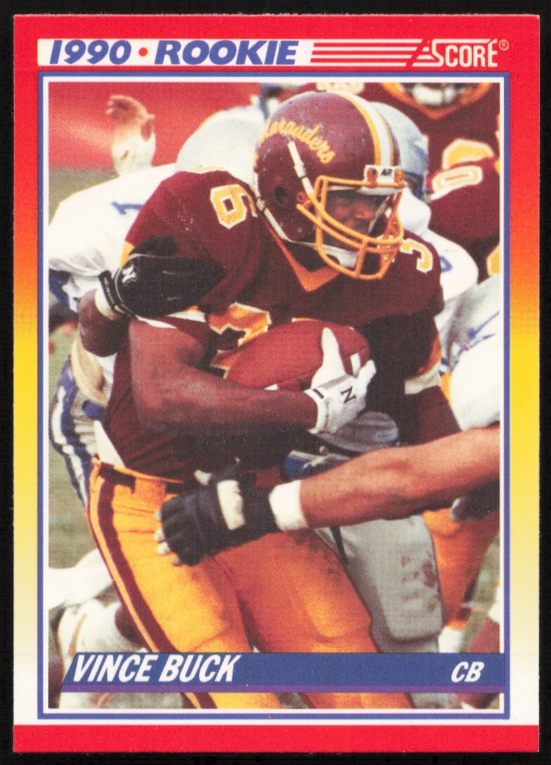 1990 Vince Buck Score Card #637, New Orleans Saints uniform, vibrant design.