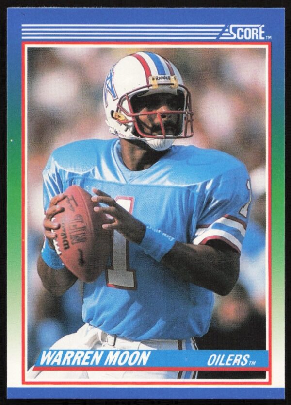 Warren Moon 1990 Score Card #105, iconic quarterback in action, Houston Oilers uniform.