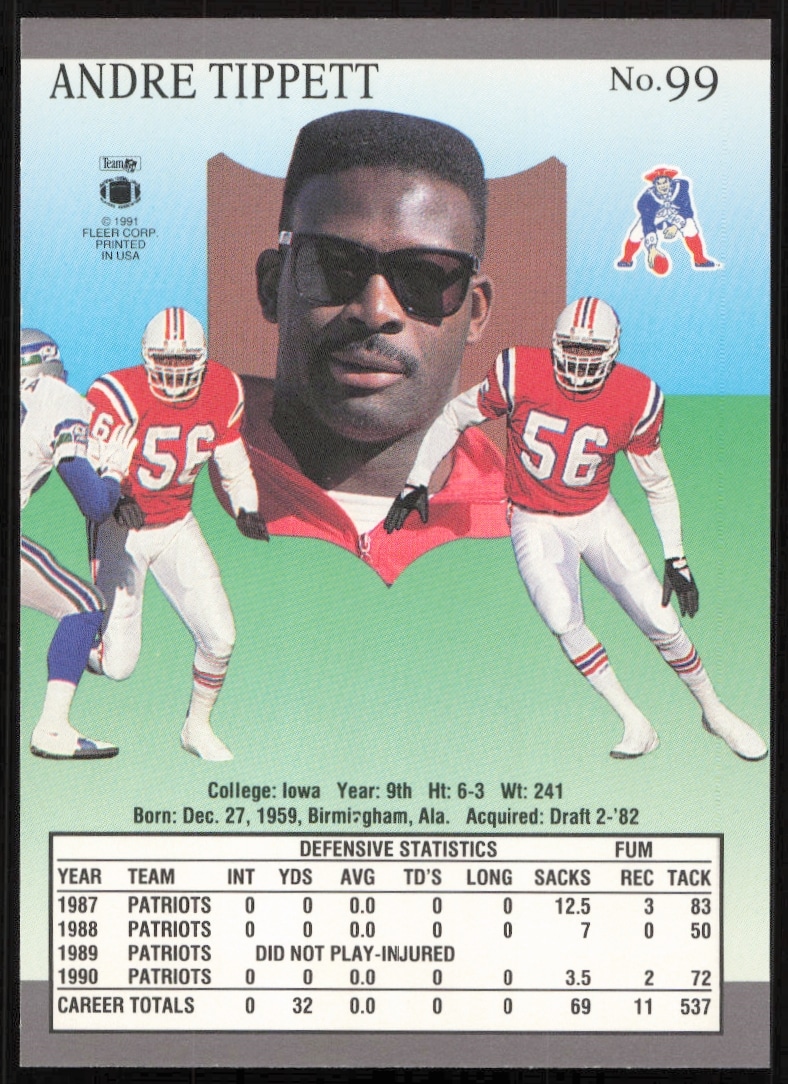 Back of 1991 Fleer Ultra card #99 featuring Andre Tippetts stats and career highlights.