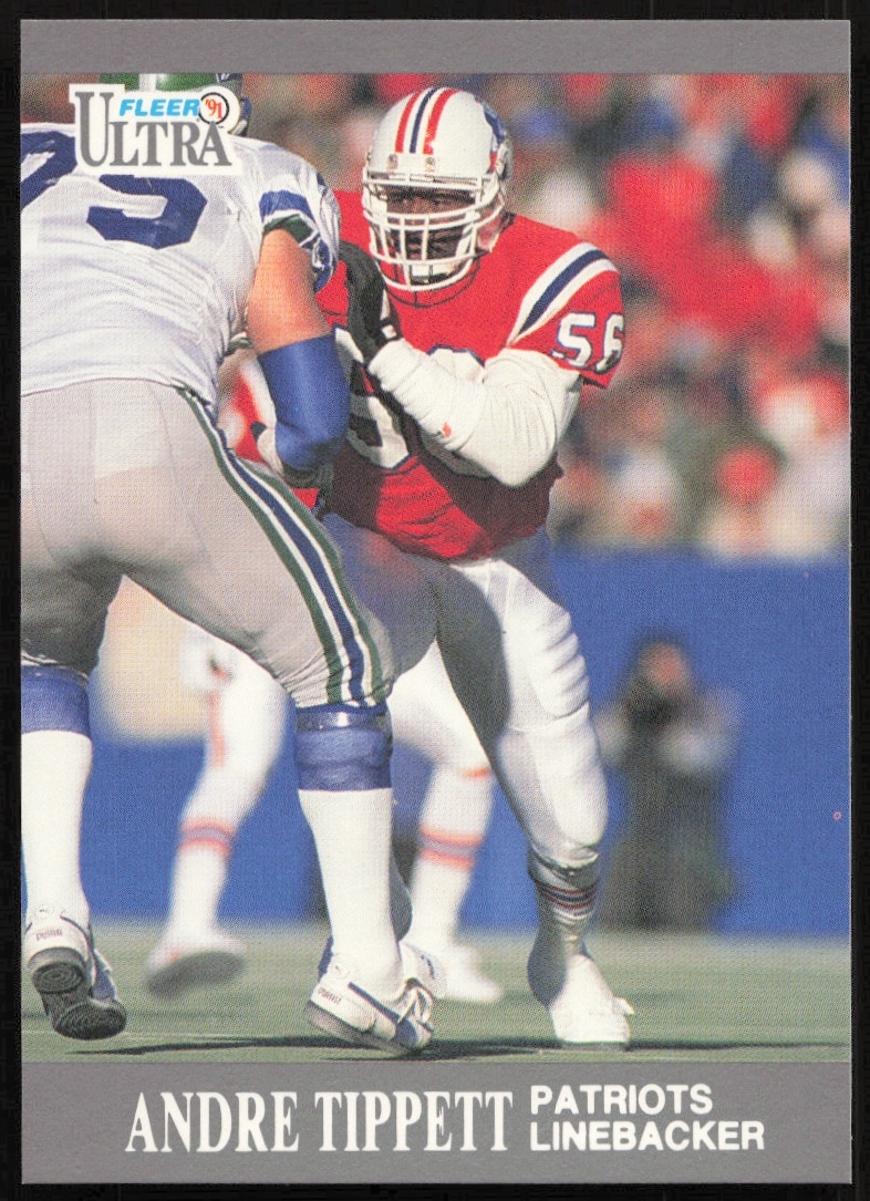 1991 Fleer Ultra Andre Tippett card #99, New England Patriots uniform, front view.