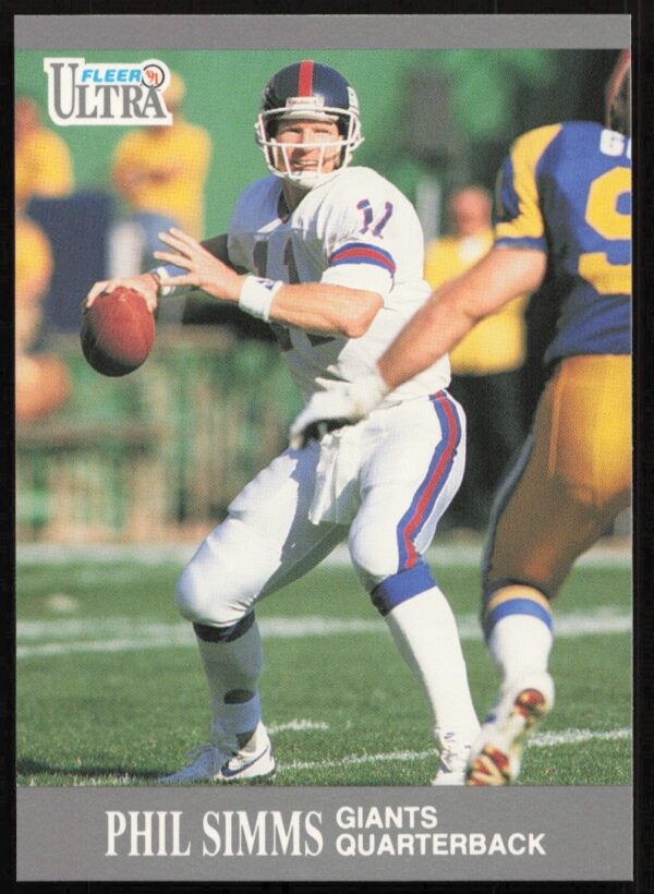 Phil Simms 1991 Fleer Ultra card #223, New York Giants quarterback in action.