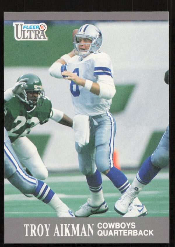 Troy Aikman 1991 Fleer Ultra football card #162 front, showcasing Dallas Cowboys action.