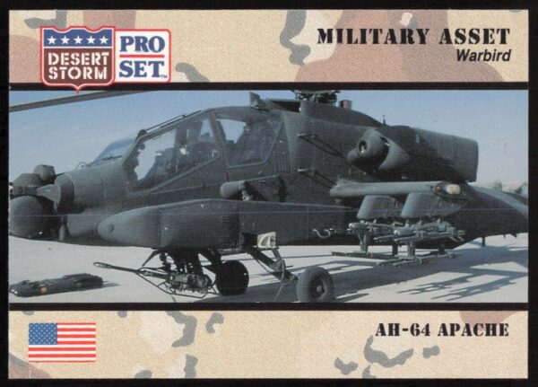 Vintage 1991 trading card of AH-64 Apache helicopter, showcasing its Desert Storm role.