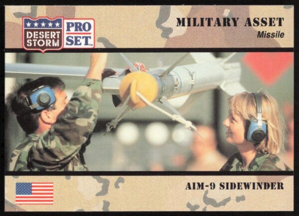 1991 Pro Set Desert Storm trading card #217, featuring AIM-9 Sidewinder missile, front view.