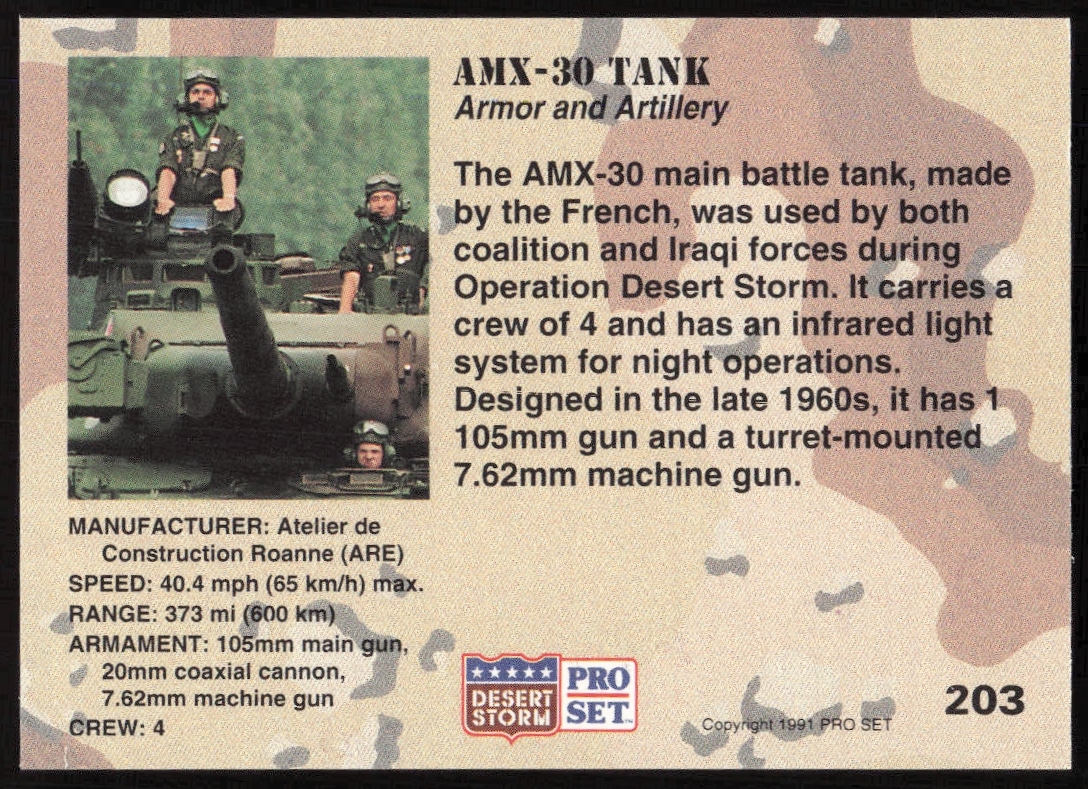 Back view of 1991 AMX-30 tank trading card from Desert Storm series.