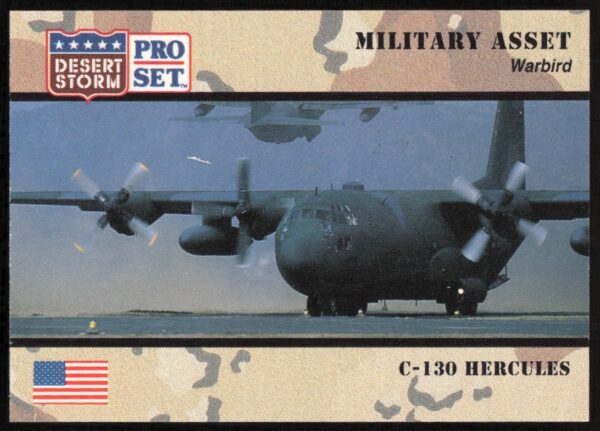 1991 Pro Set Desert Storm card featuring C-130 Hercules aircraft in action.