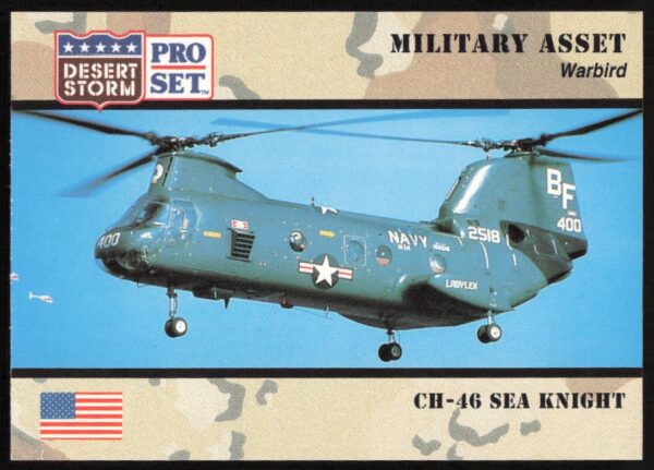 1991 Desert Storm trading card featuring CH-46 Sea Knight helicopter #244 front view.