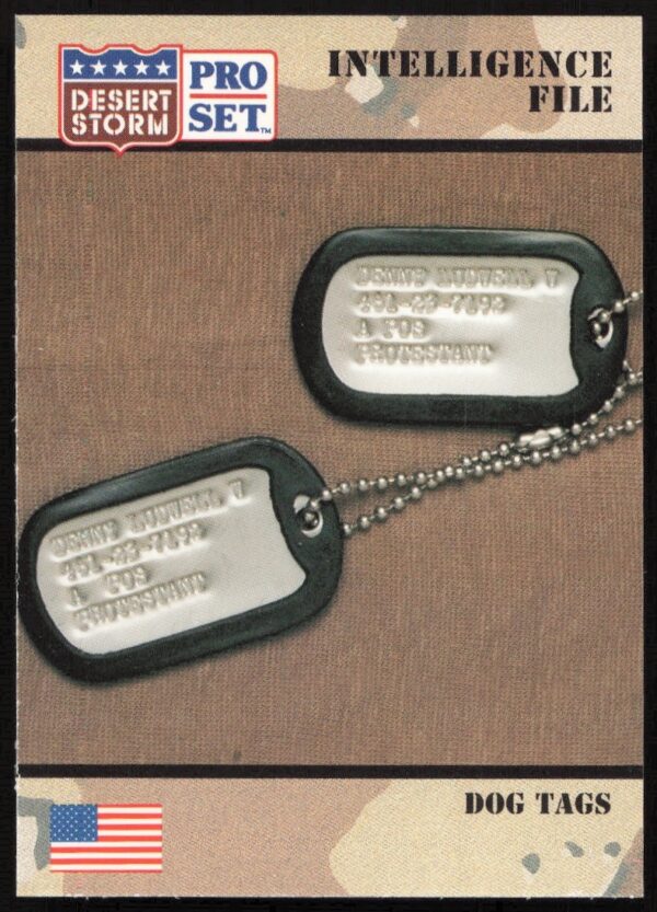 Collectible 1991 Desert Storm Pro Set Dog Tag #135, front view, Gulf War memorabilia.