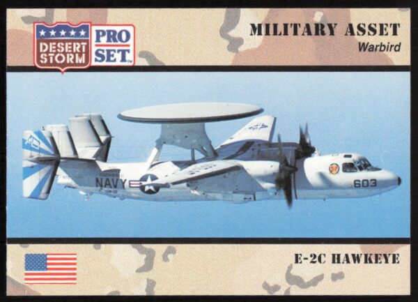 1991 Pro Set E-2C Hawkeye trading card highlighting Desert Storm military surveillance aircraft.