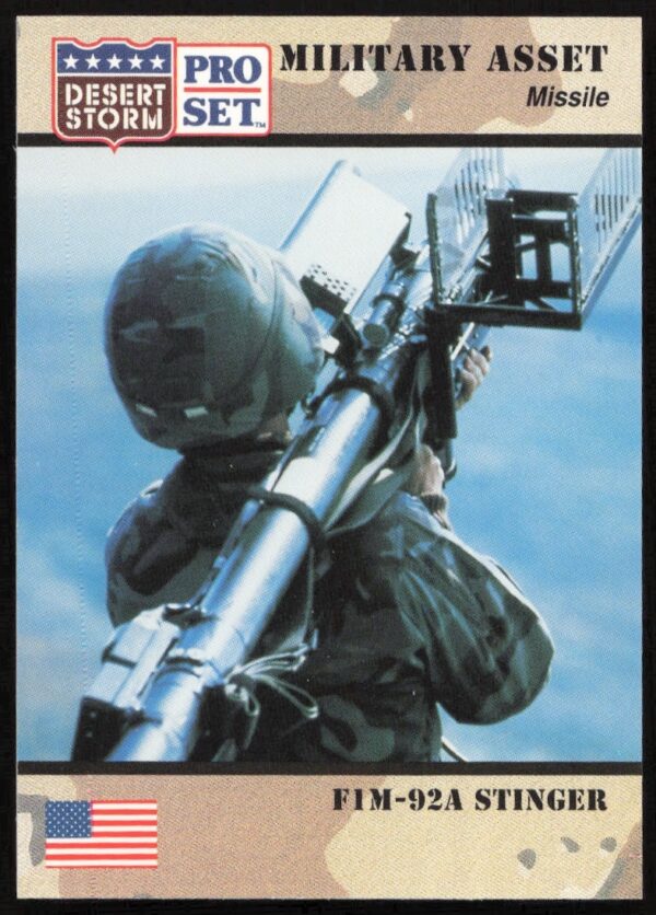 1991 Desert Storm Pro Set card featuring FIM-92A Stinger missile design, card #212.