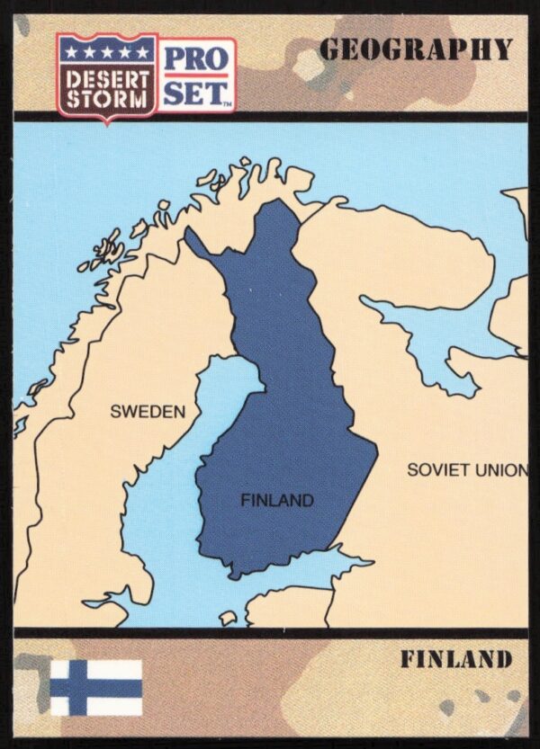 1991 Desert Storm trading card highlighting Finlands Gulf War context and military design.