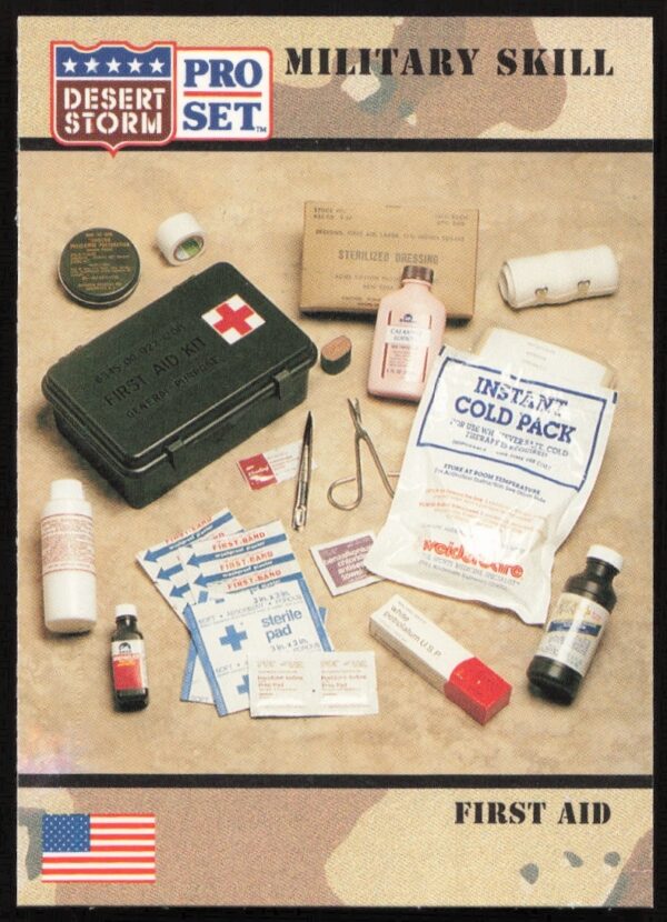 1991 Desert Storm First Aid Card by Pro Set, showcasing Gulf War emergency techniques.