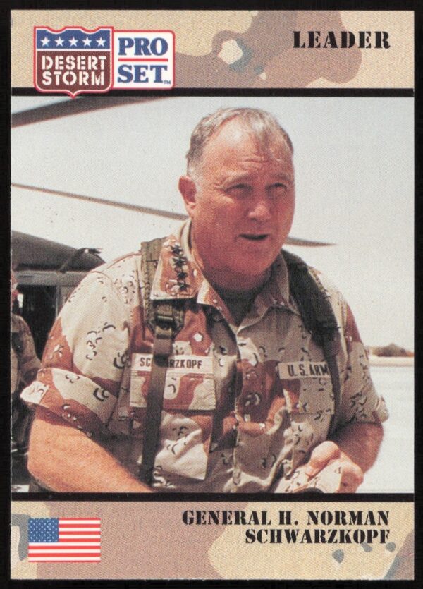 1991 Desert Storm card of General H. Norman Schwarzkopf, featuring his portrait and role details.