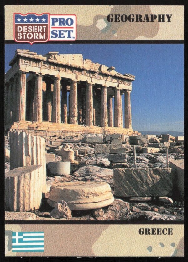 1991 Desert Storm trading card featuring Greece, highlighting military imagery and Operation Desert Storm facts.