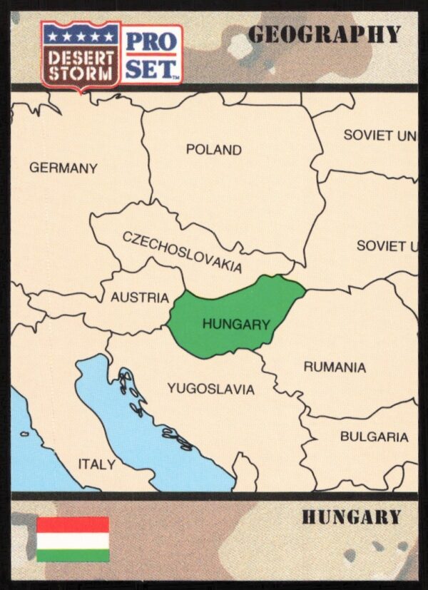 1991 Desert Storm Pro Set card featuring Hungarys Gulf War involvement, card #22.