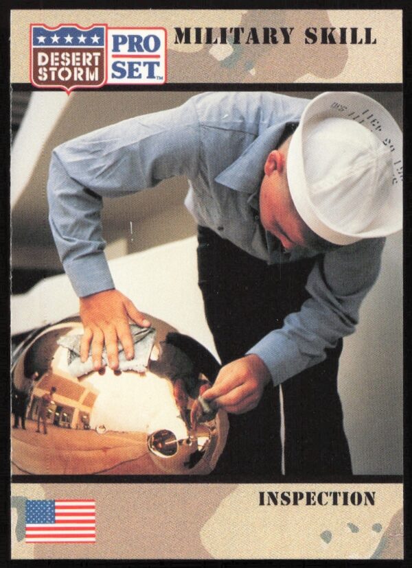 1991 Desert Storm trading card #163: military inspection scene from the Gulf War.