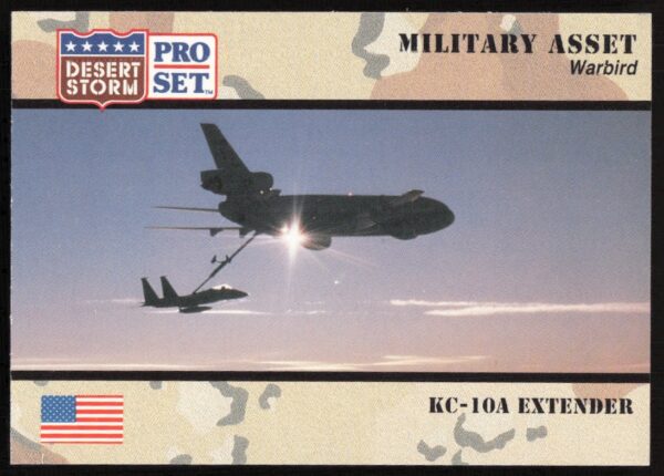 Desert Storm KC-10A Extender trading card from 1991, showcasing military aircraft history.