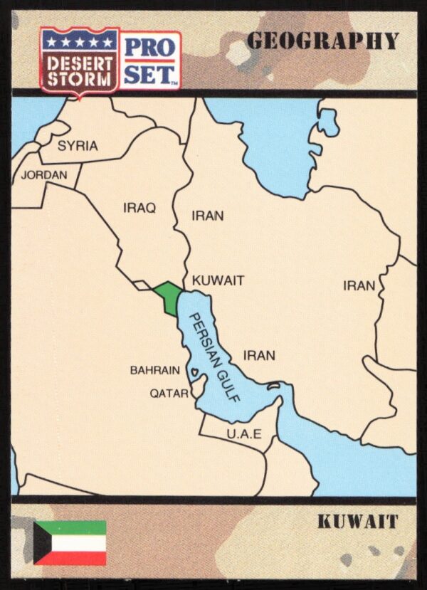 Front view of 1991 Desert Storm trading card featuring Kuwait operation highlights.