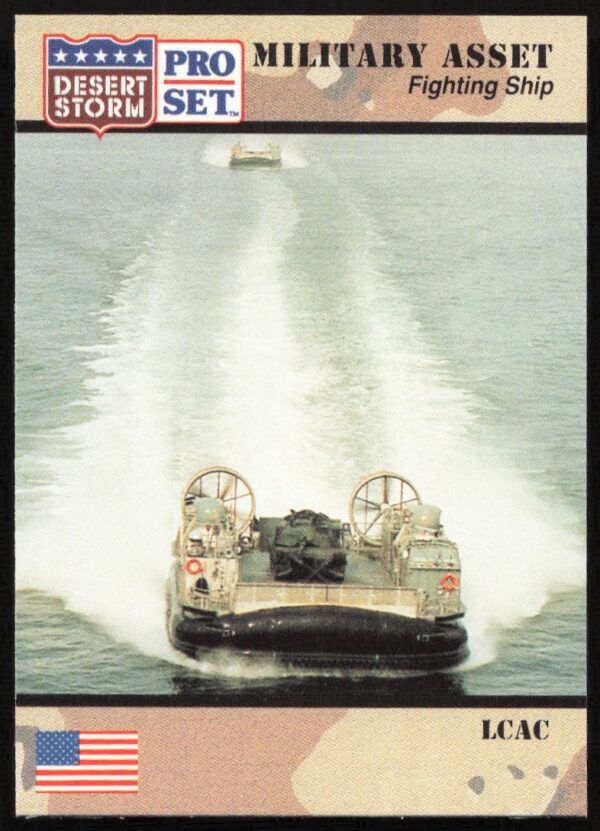1991 Pro Set Desert Storm LCAC hovercraft card featuring Gulf War military engineering.