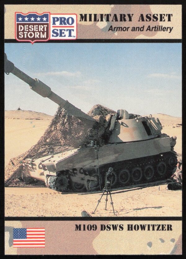 1991 Pro Set card featuring M109 Howitzer used in Desert Storm, card number 205.