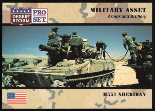 1991 Desert Storm collectible card of M551 Sheridan #210, featuring the iconic armored vehicle.