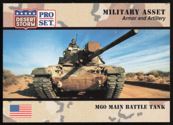 1991 Desert Storm M60 Tank Trading Card, Pro Set #211, showcasing iconic military history.