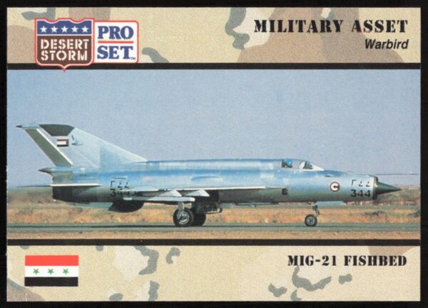 1991 Desert Storm MiG-21 Fishbed trading card showcasing iconic Gulf War jet.