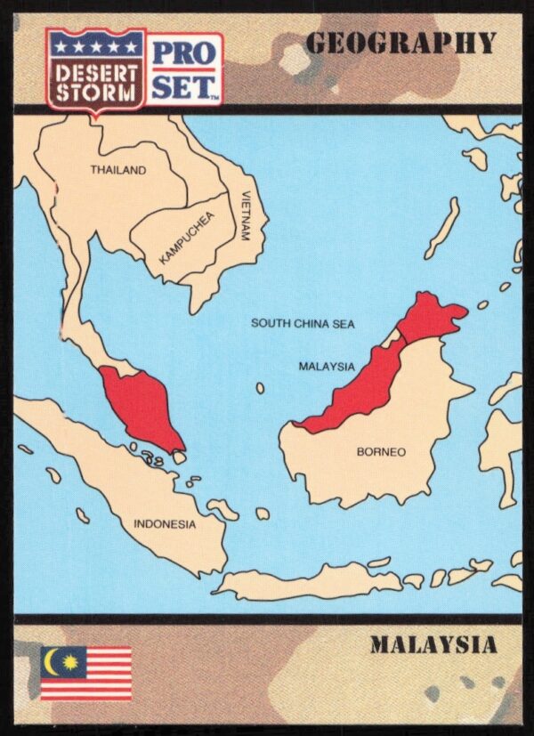 1991 Pro Set Desert Storm card front, Malaysia #36 with flag and emblem.