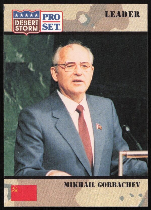 1991 Desert Storm trading card of Soviet leader Mikhail Gorbachev, card #74, Pro Set series.