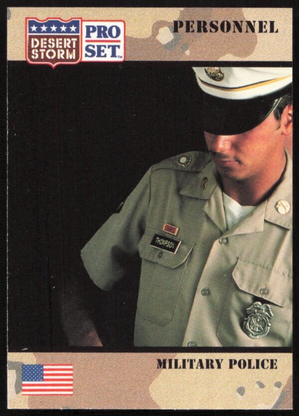 Desert Storm Military Police trading card, 1991 Pro Set #114, illustration of personnel in action.