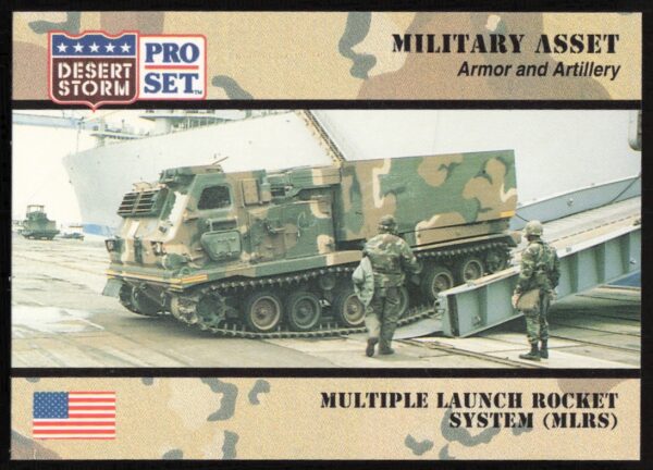 1991 Desert Storm Pro Set trading card featuring MLRS #204 front view in desert setting.