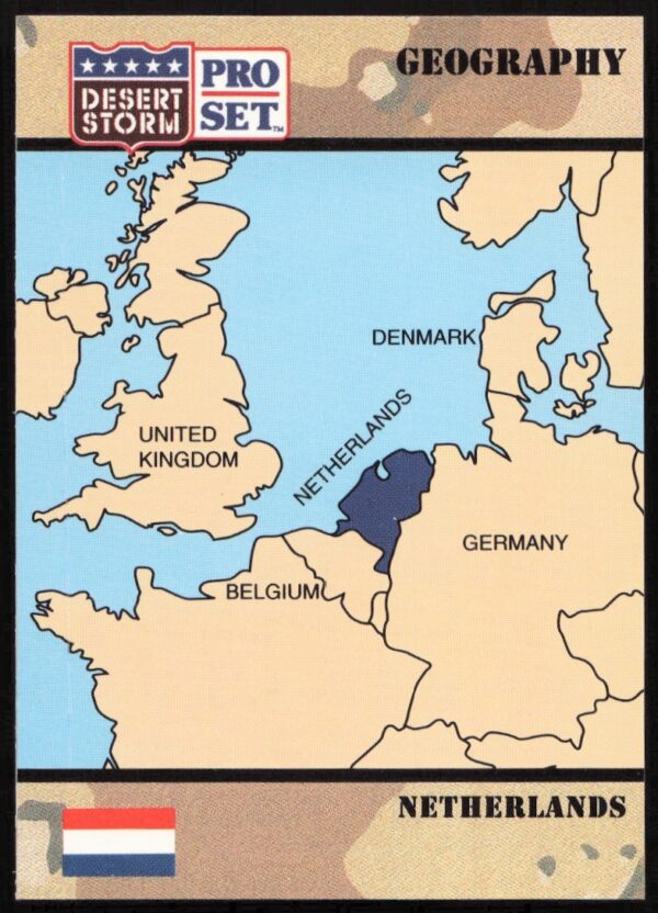 1991 Desert Storm Pro Set Netherlands card with vibrant artwork and military involvement details.