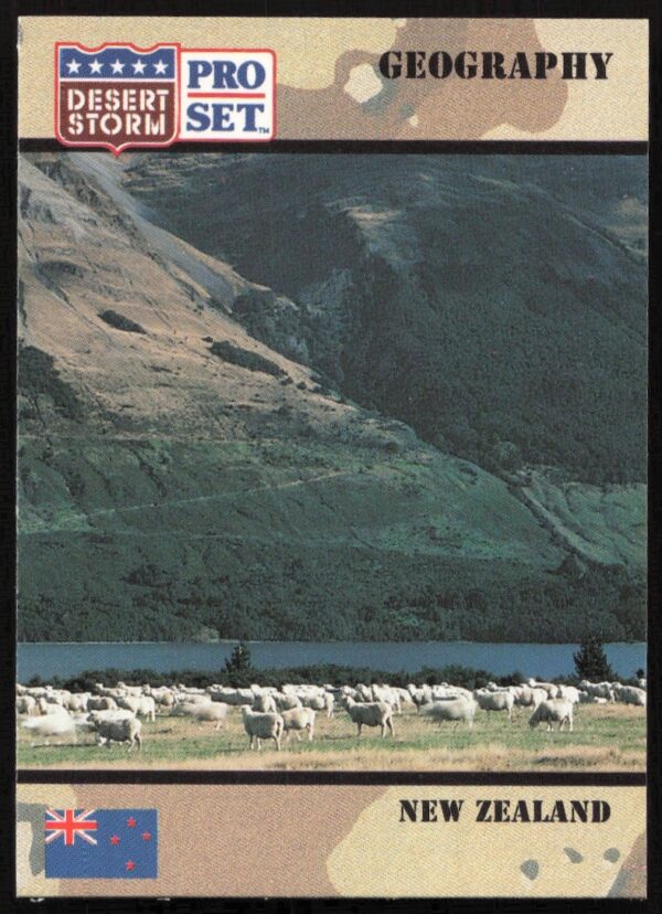 1991 Desert Storm card, New Zealand, features era-specific visuals, card #39.