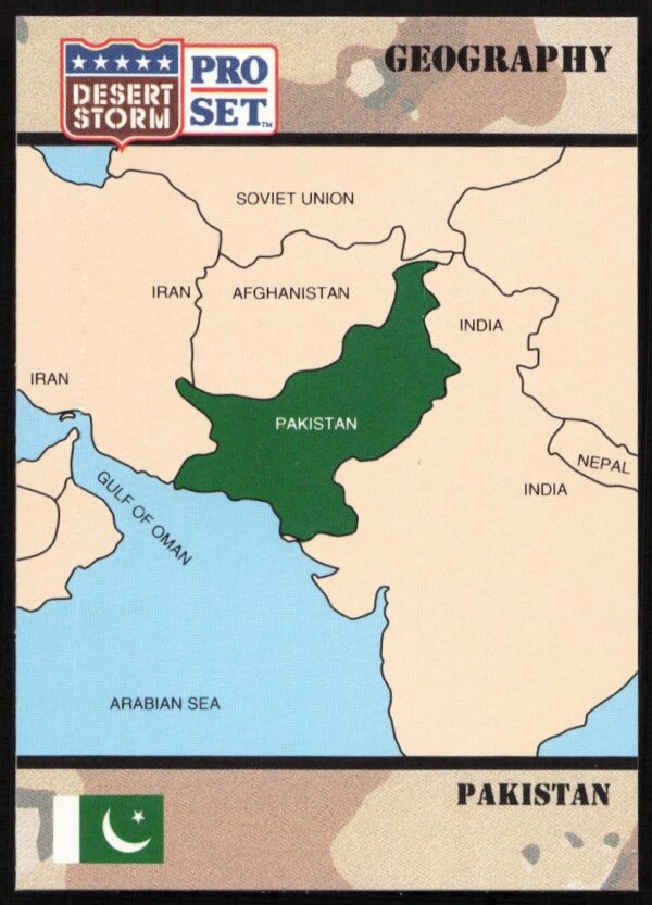 1991 Desert Storm Trading Card - Pakistan #43, showcasing historical involvement and illustrations.