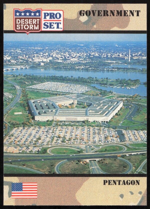 Pentagon trading card from 1991 Pro Set Desert Storm series, featuring iconic military imagery.