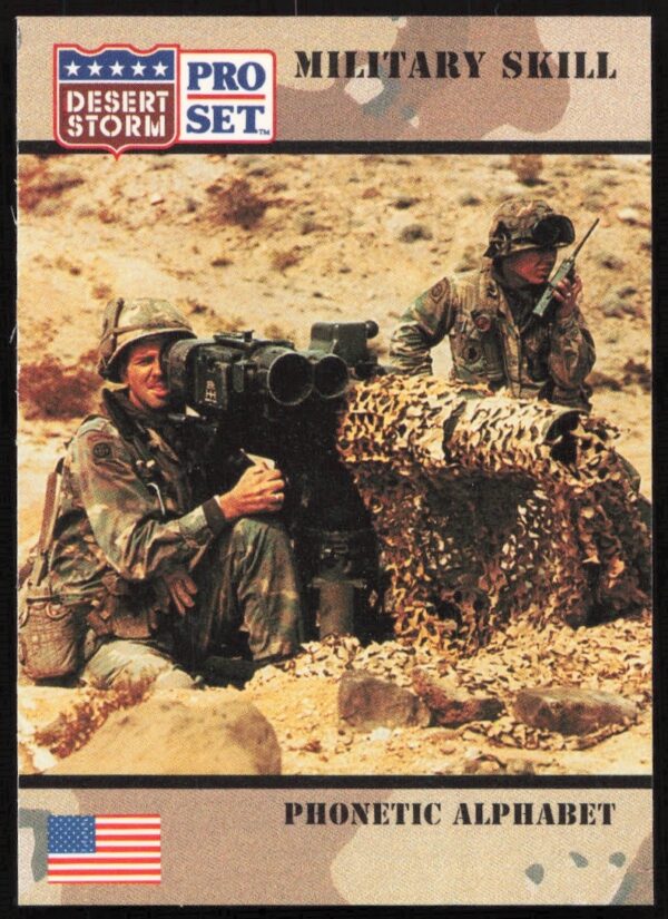 1991 Desert Storm trading card featuring phonetic alphabet, card #171, Pro Set series.